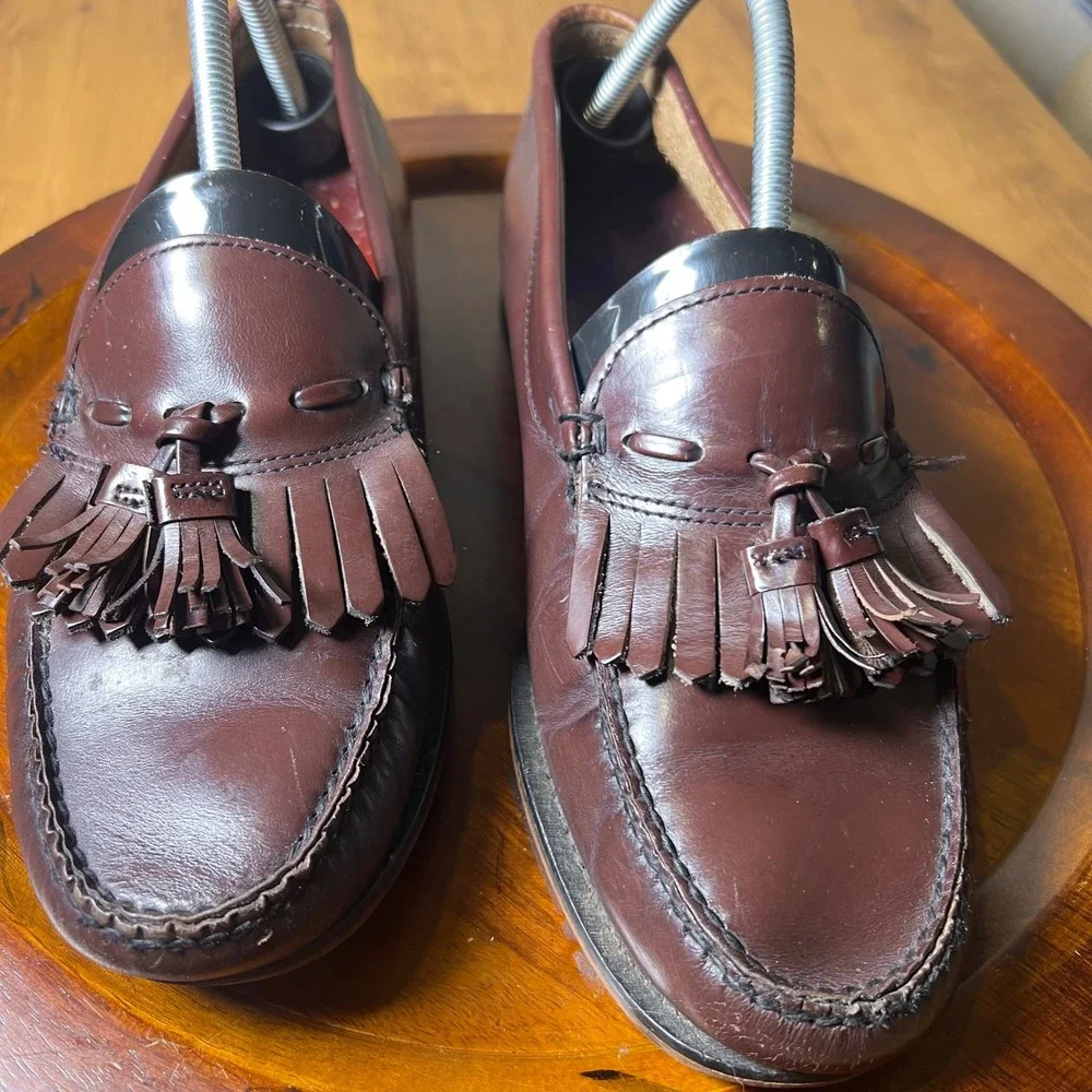 Vintage GH Bass Weejuns Tassel Loafers Handsewn USA Shoes Leather Burgundy 10